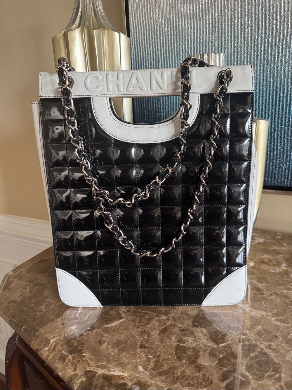 CHANEL Black Patent Quilted Tote with White Trim and Chain Handles